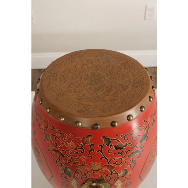 Asian Inspired Pair Hand Painted Wooden Drum Stools For Sale In Philadelphia - Image 6 of 12