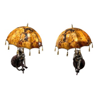 Maitland-Smith Bronze and Penshell Monkey Sconcess Pair For Sale