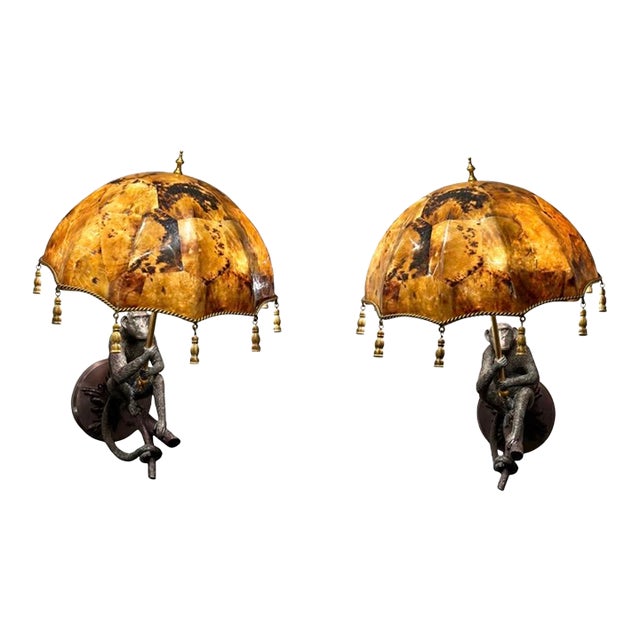 Maitland-Smith Bronze and Penshell Monkey Sconcess Pair For Sale