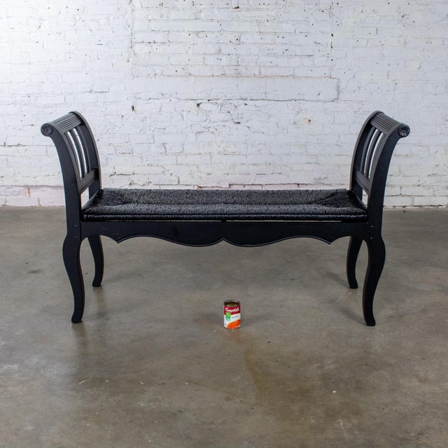 Late 20th Century French Country Black Painted Bench W/Woven Rush Seat & Cabriole Legs For Sale - Image 18 of 18