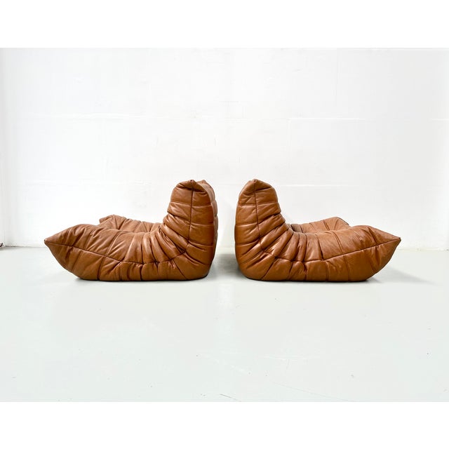 Togo Lounge Chairs in Cognac Cow Leather attributed to Michel Ducaroy for Ligne Roset, Set of 2 For Sale - Image 11 of 13