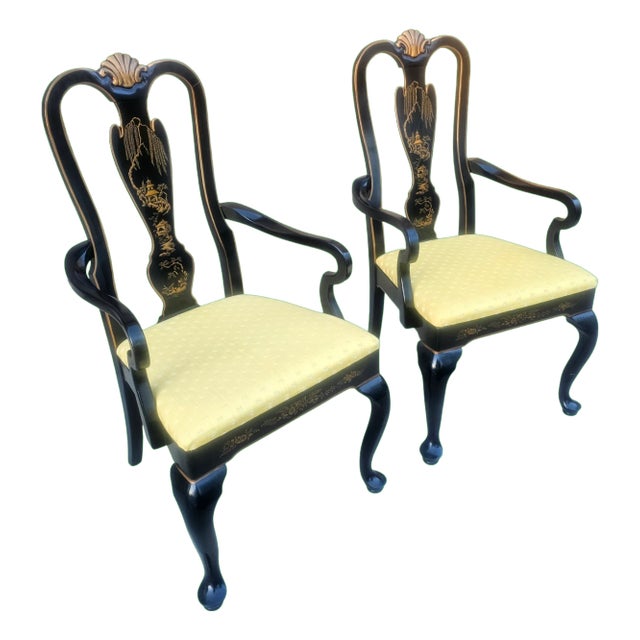 Pair of Vintage Drexel Chinoiserie Queen Anne Style Armchairs For Sale
