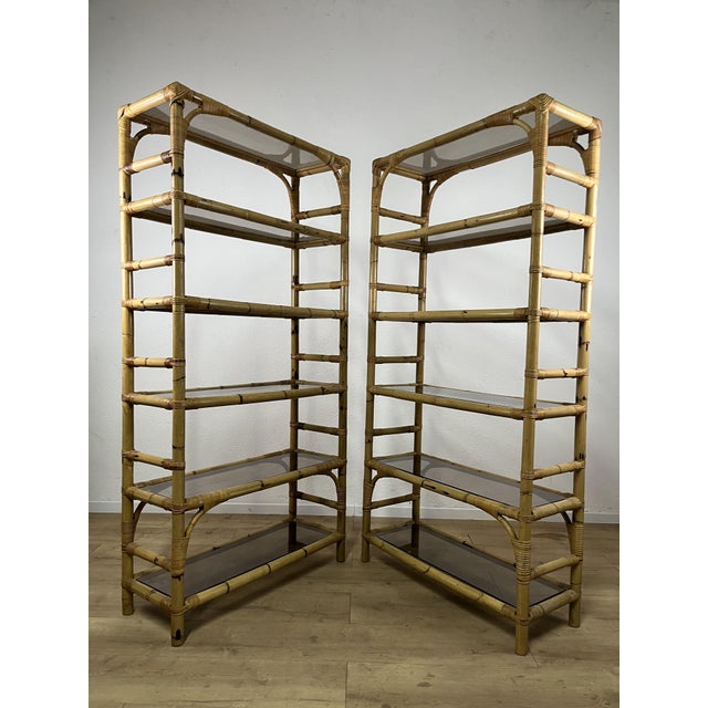 Brown Italian Bamboo and Wicker Bookcases with Glass Shelves, 1970s, Set of 2 For Sale - Image 8 of 9