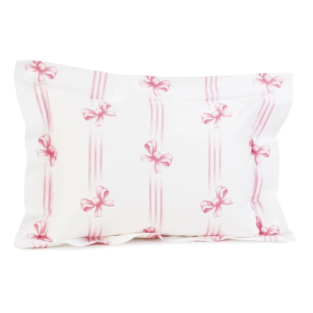 The irrepressible delight of ribbons and bows, printed in Blue, Pink or Green on White 100% Egyptian cotton sateen, 300...