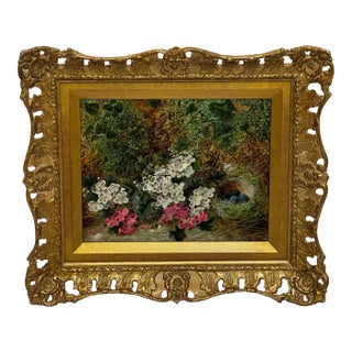 Framed 19th Century Oil Painting Blossom Flowers Starling Bird Eggs Nest Mossy Bank by Oliver Clare For Sale