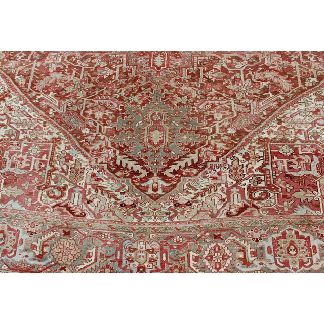 Textile Gray Green, Taupe Border, Soft Red Heriz With Geometric Medallion 11'6 X 14'5 For Sale - Image 7 of 16