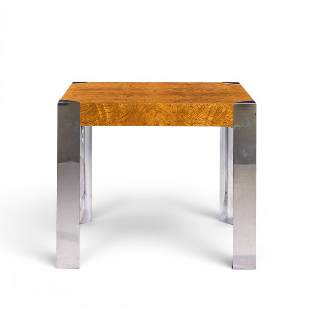 Milo Baughman Style Mid Century Chrome and Burlwood Dining Table This dining table measures: 35 wide x 35 deep x 29.25...