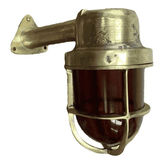 Mid 20th Century Amber Glass Cast Brass Wall Light With Arm - Rewired Ship Salvage For Sale