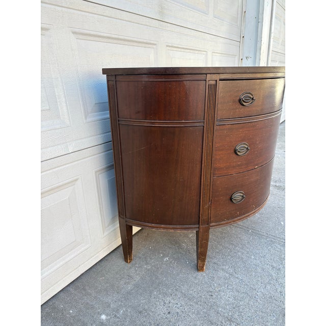 Vintage Mahogany Demilune Dresser| Federal Revival Bow Front Chest | Traditional Colonial Style Bedroom Storage Accent Furniture | Dark Wood For Sale In New York - Image 6 of 12