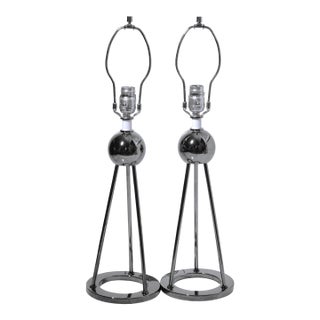 Mid-Century Modern Nessen Tripod Polished Nickel Chrome Table Lamps a Pair For Sale