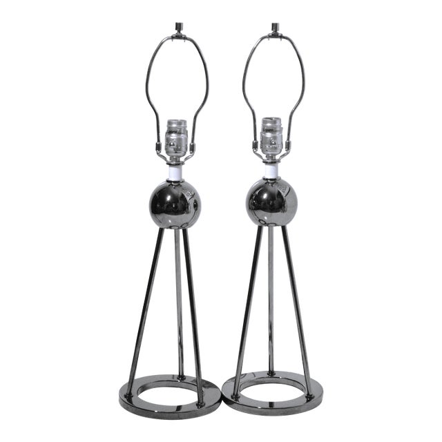 Mid-Century Modern Nessen Tripod Polished Nickel Chrome Table Lamps a Pair For Sale