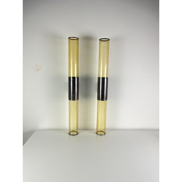 Gold Long Double-Light Wall Lamps in Murano Glass and Steel, 1980s, Set of 2 For Sale - Image 8 of 12