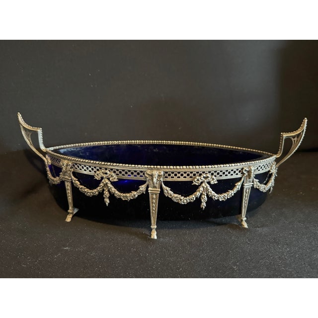 19th C French Louis XVI Silver Jardinière Bowl W/ Blue Glass For Sale - Image 10 of 10