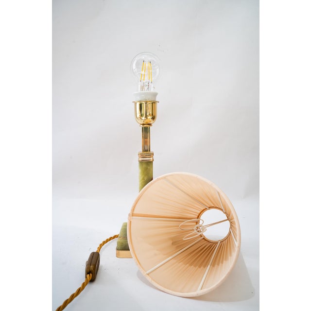 Art Deco Jade Table Lamp with Brass and Fabric Shade, 1920s For Sale - Image 15 of 18