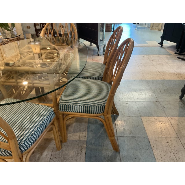 Mid-Century Modern MCM Rattan Bamboo Dining Room Table Set 6 Chairs Glass Top Green Cushions For Sale - Image 3 of 12