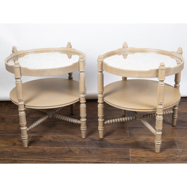 Beige Pair of French Vintage Oak side Tables with Mirrored Tops and Turned Legs For Sale - Image 8 of 9