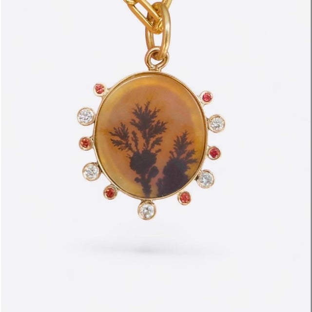 Dendritic Agate Pendant With Diamonds, Sapphires & 14k Gold For Sale - Image 4 of 6