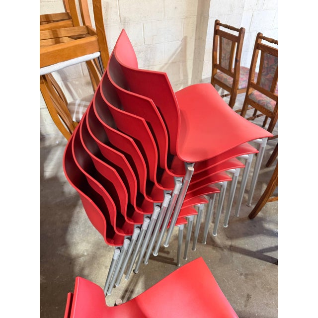 Philippe Starck Red Stacking Chairs Set of 8 Molded Plastic and Aluminum 1990s For Sale - Image 12 of 12