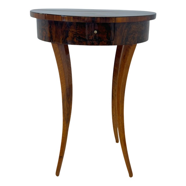 Oval Biedermeier Side Table with Drawer in Walnut Veneer, South Germany, 1820 For Sale