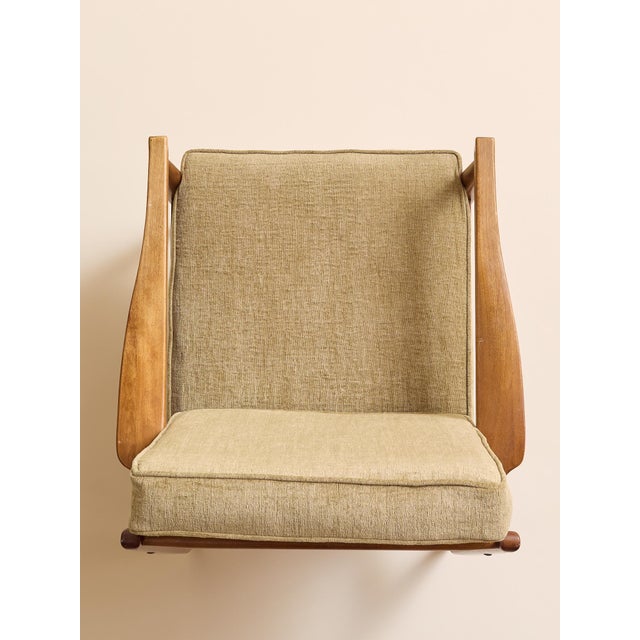 The Vintage MCM Teak Exposed Frame Arm Chair, Newly Upholstered For Sale - Image 11 of 14