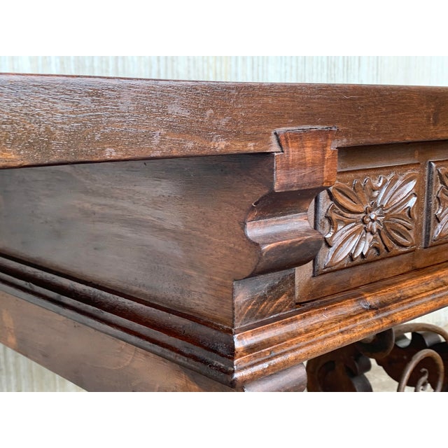 Wood 19th Century Walnut and Wrought Iron Desk With Two Drawers and Lyre Legs For Sale - Image 7 of 13