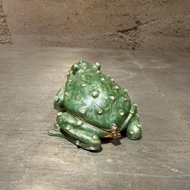 Hand-Painted Enameled Pewter Frog Trinket Box Accented Green Austrian Crystals For Sale In San Diego - Image 6 of 11