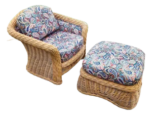 Vintage Ficks Reed Rattan Arm Chair & Ottoman