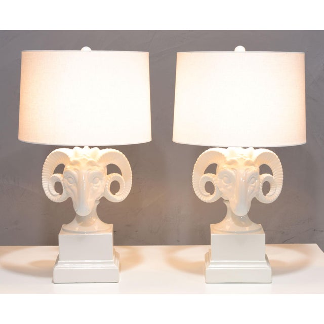 Mid-Century Modern 1960s Chapman White Ceramic Ram Head Lamps - a Pair For Sale - Image 3 of 9