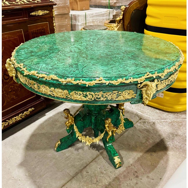 Rococo Style Green Dining Table Round Pedestal Refinished With Bronze For Sale - Image 11 of 11