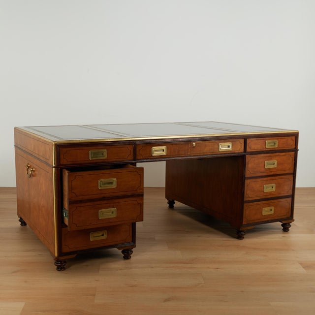 Brown Vintage Large Scale Leather Top Campaign Style Partners Desk by Baker For Sale - Image 8 of 18
