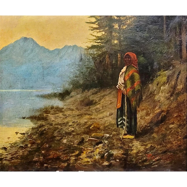 19th Century P. O. Mueller- Native American Woman in the Northwest Territory -Oil Painting C.1890s For Sale - Image 5 of 9