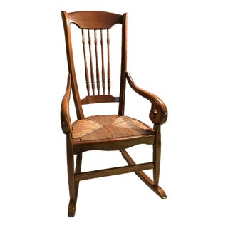 Vintage Yew Wood Gooseneck Rocking Chair With Rush Seat For Sale