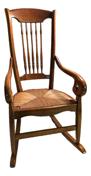 Vintage Yew Wood Gooseneck Rocking Chair With Rush Seat