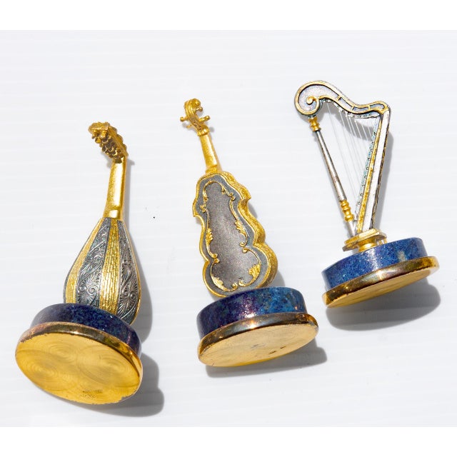 12 Italian Gilt Silver and Lapis String Instrument Place Card Holders Angeletti For Sale In Rochester - Image 6 of 12