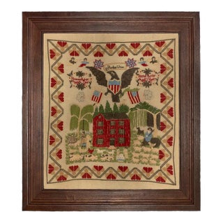 Rachel Kohler Antiqued Embroidery Needlepoint Sampler Framed Print in Distressed Brown Frame For Sale