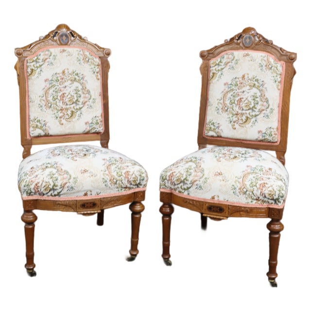 Pair of Victorian Walnut Upholstered Side Chairs, Circa 1880 For Sale