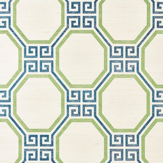 Schumacher Octavia Sisal Wallpaper in Turquoise & Palm For Sale
