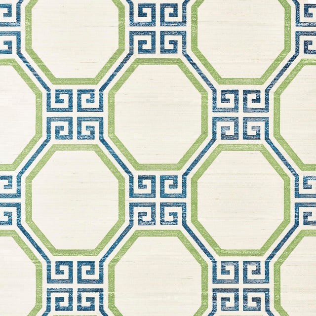 Schumacher Octavia Sisal Wallpaper in Turquoise & Palm For Sale