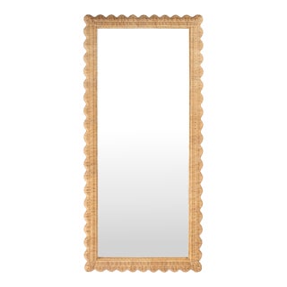 Flora 32 in. W x 69.5 in. H Rectangular Scalloped Rattan Floor Mirror, Natural Rattan For Sale