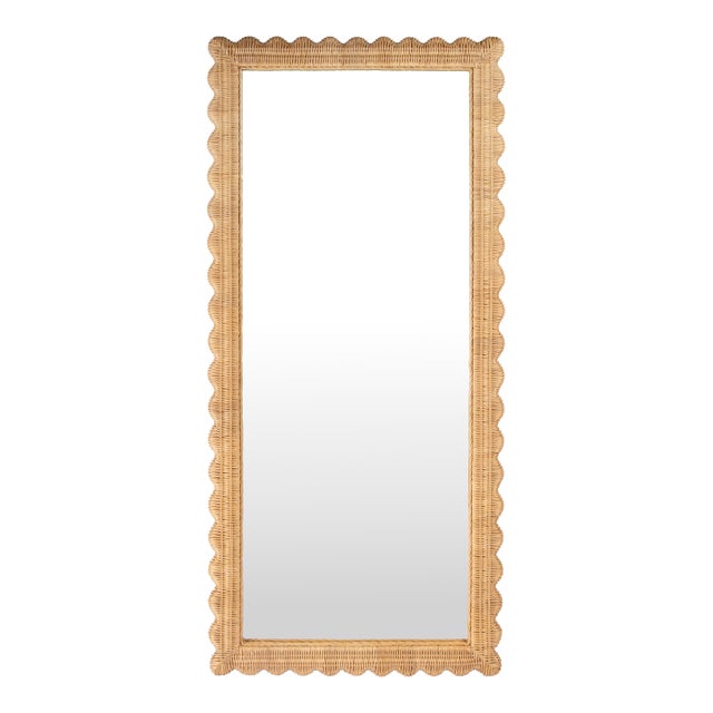 Flora 32 in. W x 69.5 in. H Rectangular Scalloped Rattan Floor Mirror, Natural Rattan For Sale