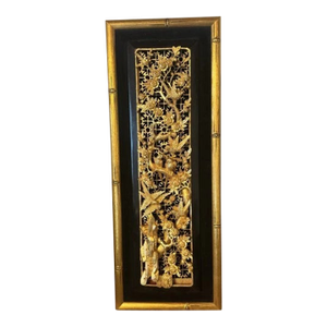 Vintage Chinese Giltwood Carved Relief Wall Hanging With Birds Flowers and Trees