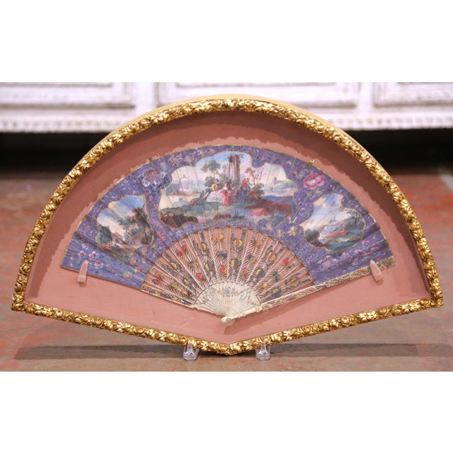19th Century French Hand-Painted Fan With Carved Bone Handle in Frame For Sale In Dallas - Image 6 of 9
