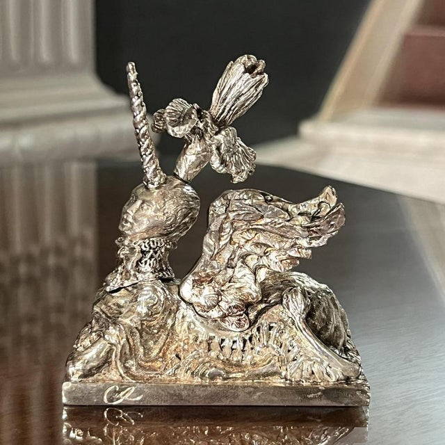 Christian lacroix for christofle "unicorn sphynx" silver plated bronze sculpture & paperweight, 1998. With the inscription...