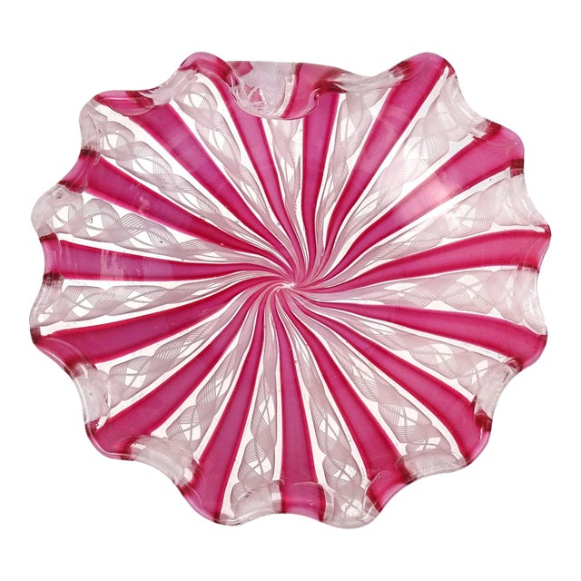 Murano Fratelli Toso Pink White Ribbons Italian Art Glass Vintage Decorative Scalloped Rim Dish Bowl For Sale