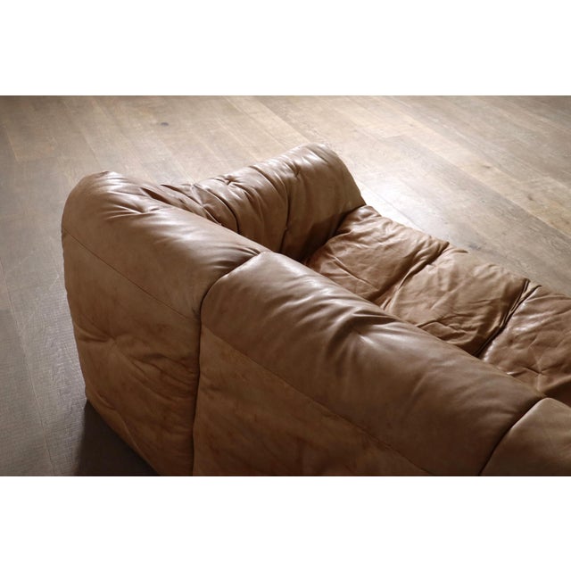 Animal Skin Sloop Sofa in Cognac Leather by Michel Ducaroy for Ligne Roset, 1970s For Sale - Image 7 of 17