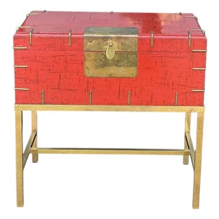 20th-C. Modern Chinese Red & Brass Box on Stand / Side Table For Sale