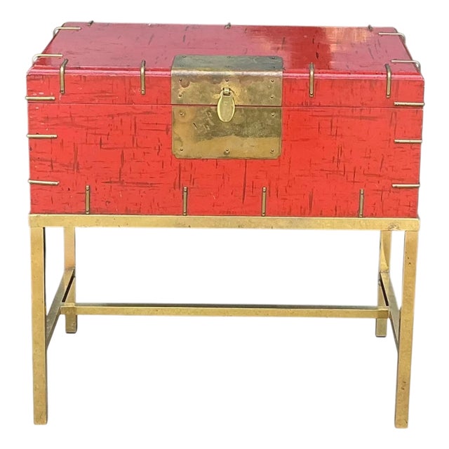 20th-C. Modern Chinese Red & Brass Box on Stand / Side Table For Sale
