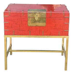20th-C. Modern Chinese Red & Brass Box on Stand / Side Table