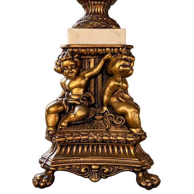 Late 20th Century Neoclassical Gilt Brass Putti Cherub & Marble Column Table Lamp For Sale In Miami - Image 6 of 6