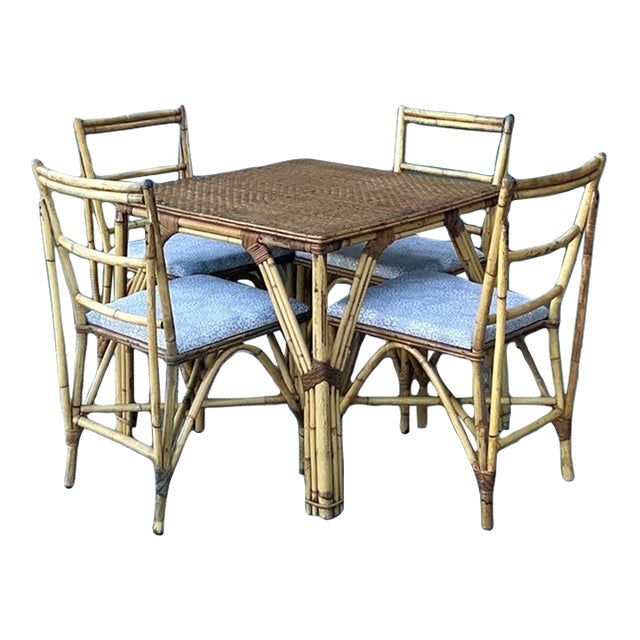 Vintage Boho Woven Rattan Game Table and Chairs - Set of 5 For Sale